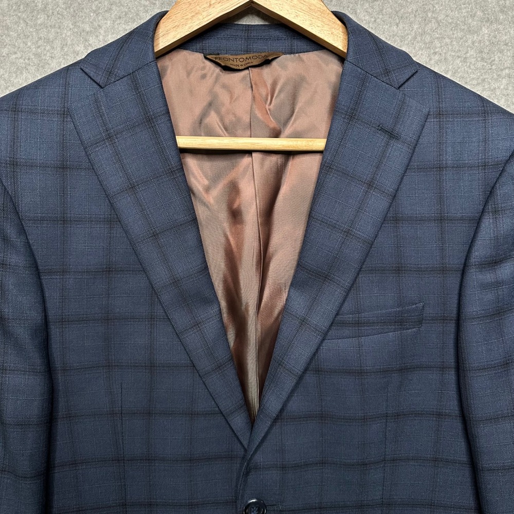 Pronto Moda Europa Mens Blue Plaid 100% Lambs Wool Blazer Jacket 36R Oscar-A 2B‎